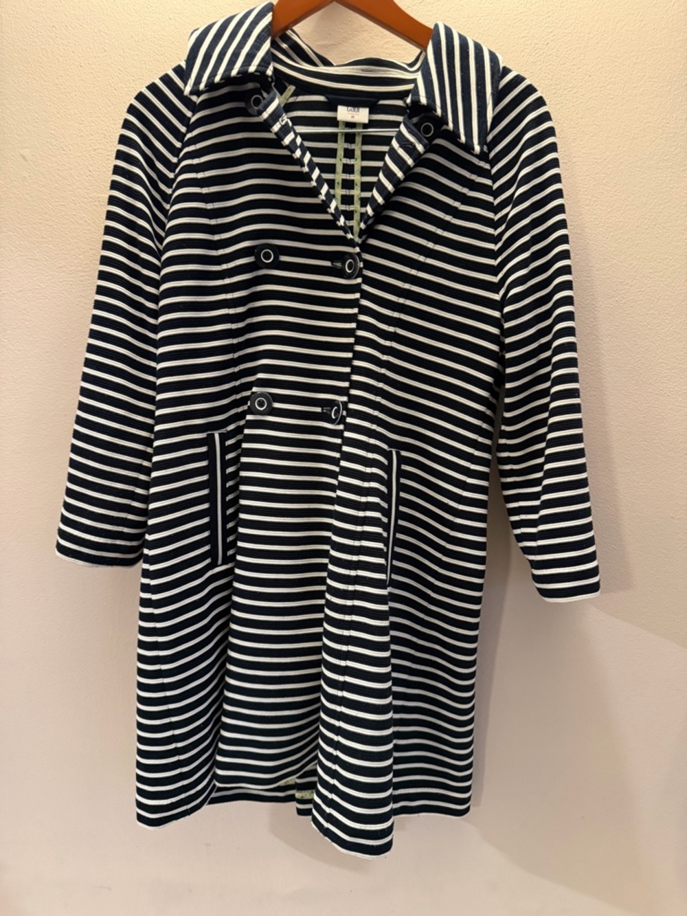 Cabi Yacht Stripe Trench Coat Navy White Nautical Double Breasted Knit Jacket M